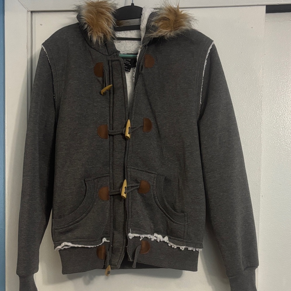 Me Jane Charcoal Gray Toggle Hoodie with Faux Fur Trim